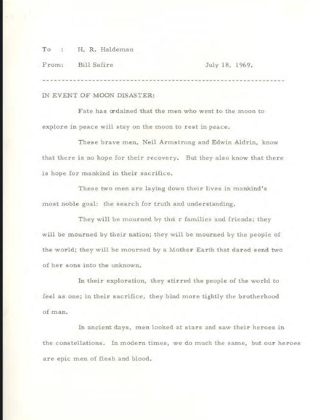A speech written by Bill Safire in the event of Apollo 11 crashed on the moon