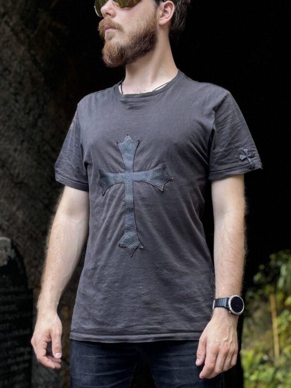Goth cross - black t-shirt with a large leather gothic cross, worn